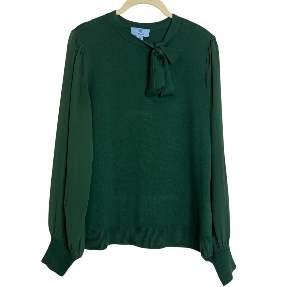 CeCe Tie Neck Sweater Medium Green Chiffon Sleeve Mixed Media